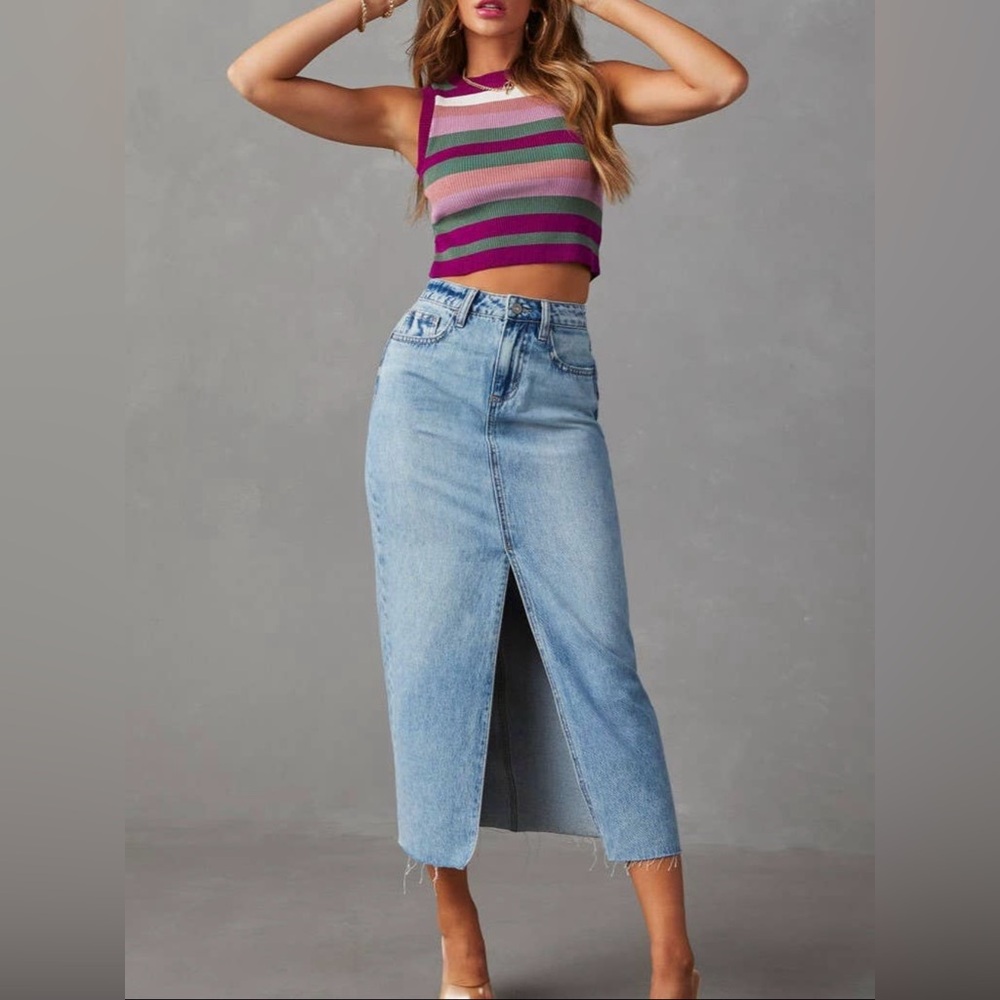 NWT Boutique Reese High-Waist Slit Denim Midi Skirt